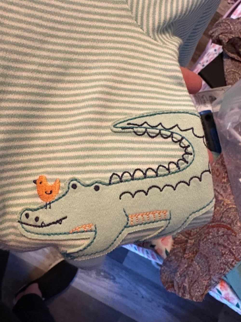 Carter's Mint Green Striped Footed One-Piece with Crocodile Applique